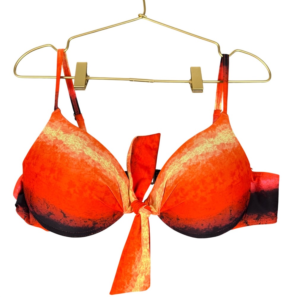 Bikini Bay Size 16 Push Up Bikini Top Orange Black Front Tie Y2K Swimwear